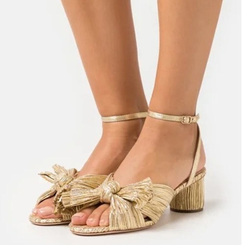 Loeffler Randall Dahlia Pleated Bow Heeled Sandals Formal Gala Metallic 5